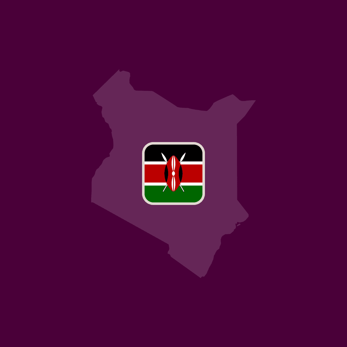 Silhouette map of Kenya with its flag centered on a dark purple background.