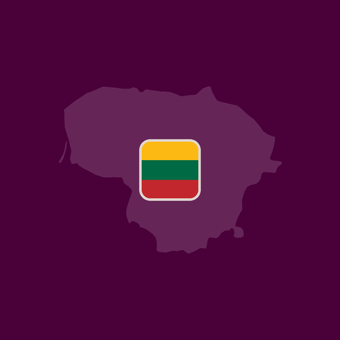 Silhouette map of Lithuania with its flag centered on a dark purple background.