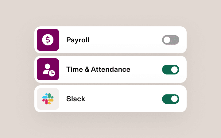 Mobile app interface showing three toggleable options: Payroll (off), Time & Attendance (on), and Slack (on) against light pink background.