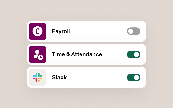 Mobile app interface showing three toggleable options: Payroll (off), Time & Attendance (on) and Slack (on) against light pink background.
