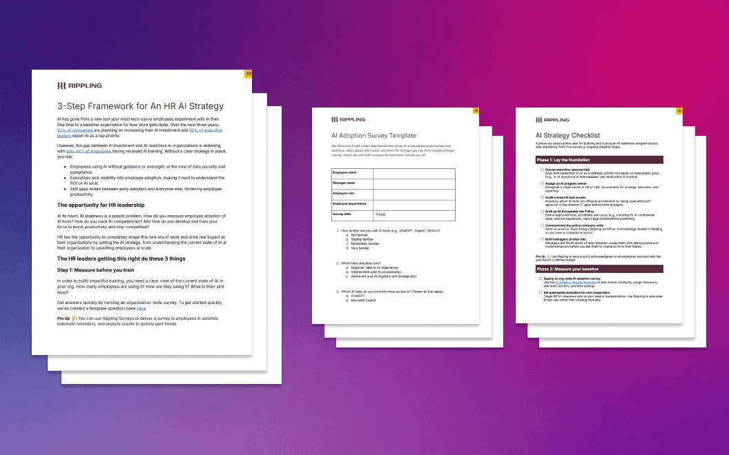 Three HR AI strategy documents displayed on a purple-to-pink gradient background.