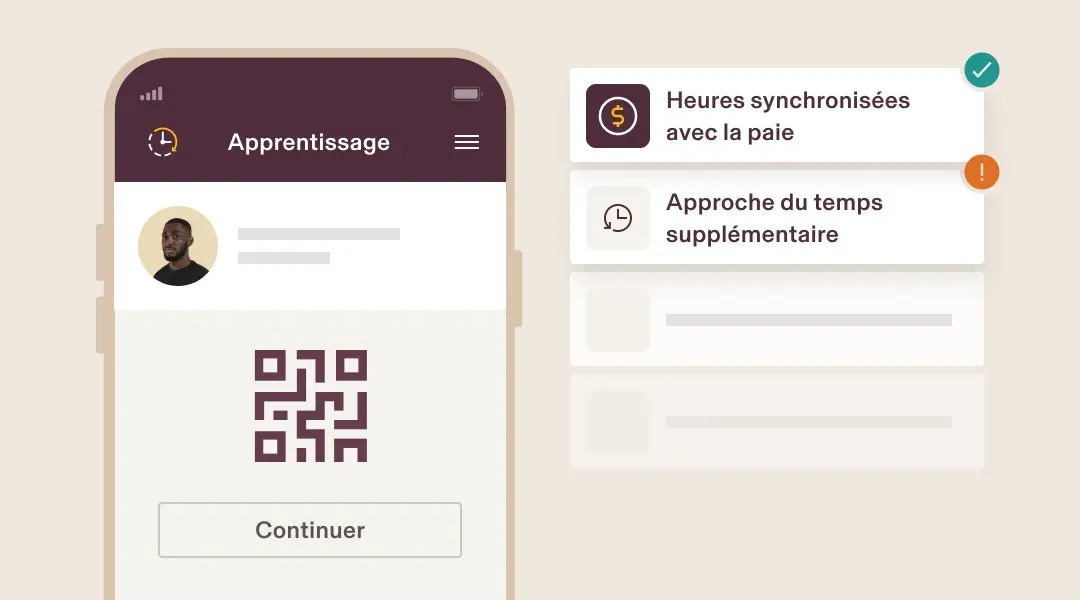 Phone clock-in screen with QR code, synced payroll, and overtime warning.