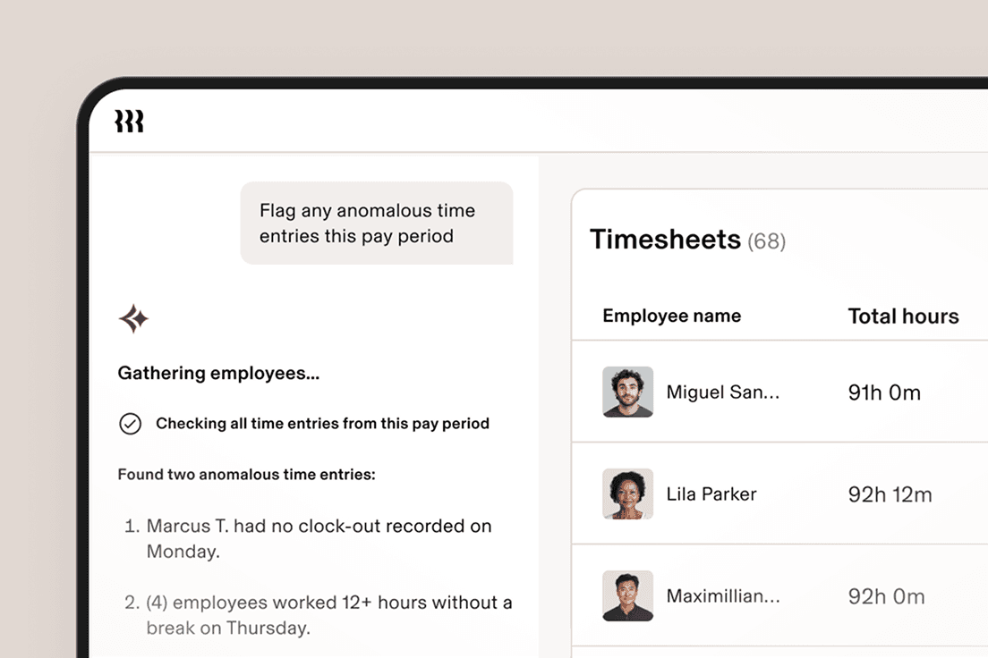 A timesheet management UI showing anomalous time entry alerts and an employee list with total hours worked.