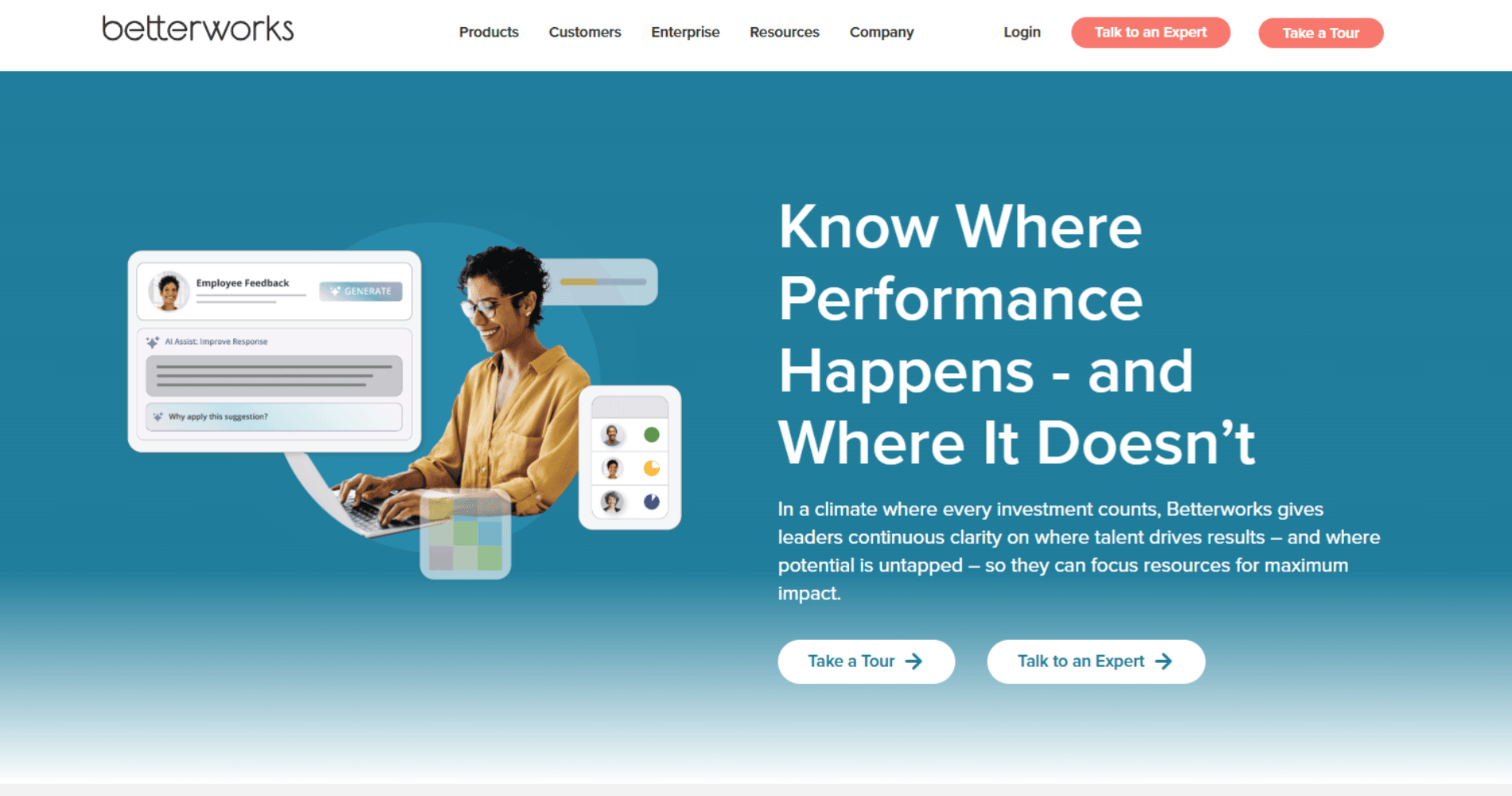 Blue performance webpage with a person at a laptop and floating interface cards.