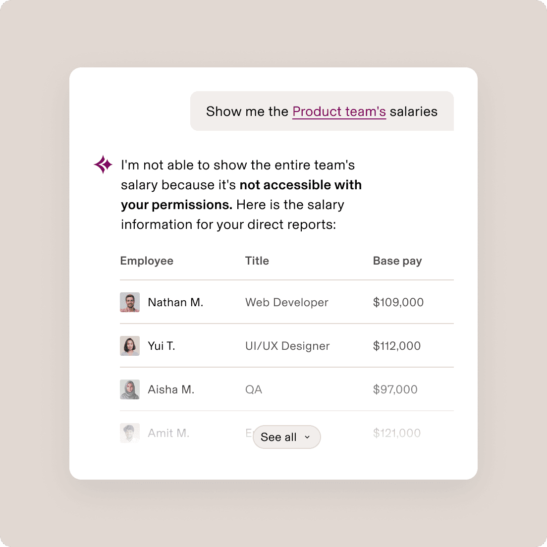 AI chat interface showing salary data for direct reports, with a permission restriction message limiting full team access.