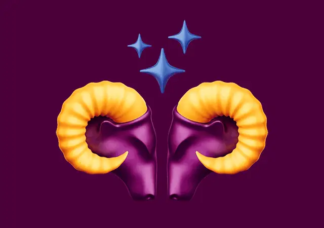 Two purple ram heads with yellow horns and blue sparkles