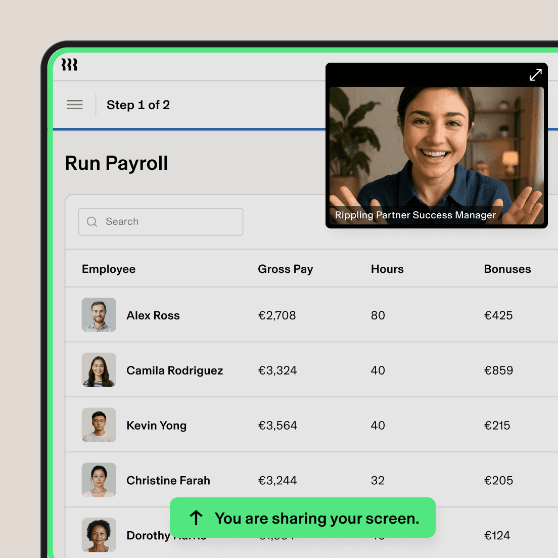 Run Payroll screen shared in a video call with a smiling person.