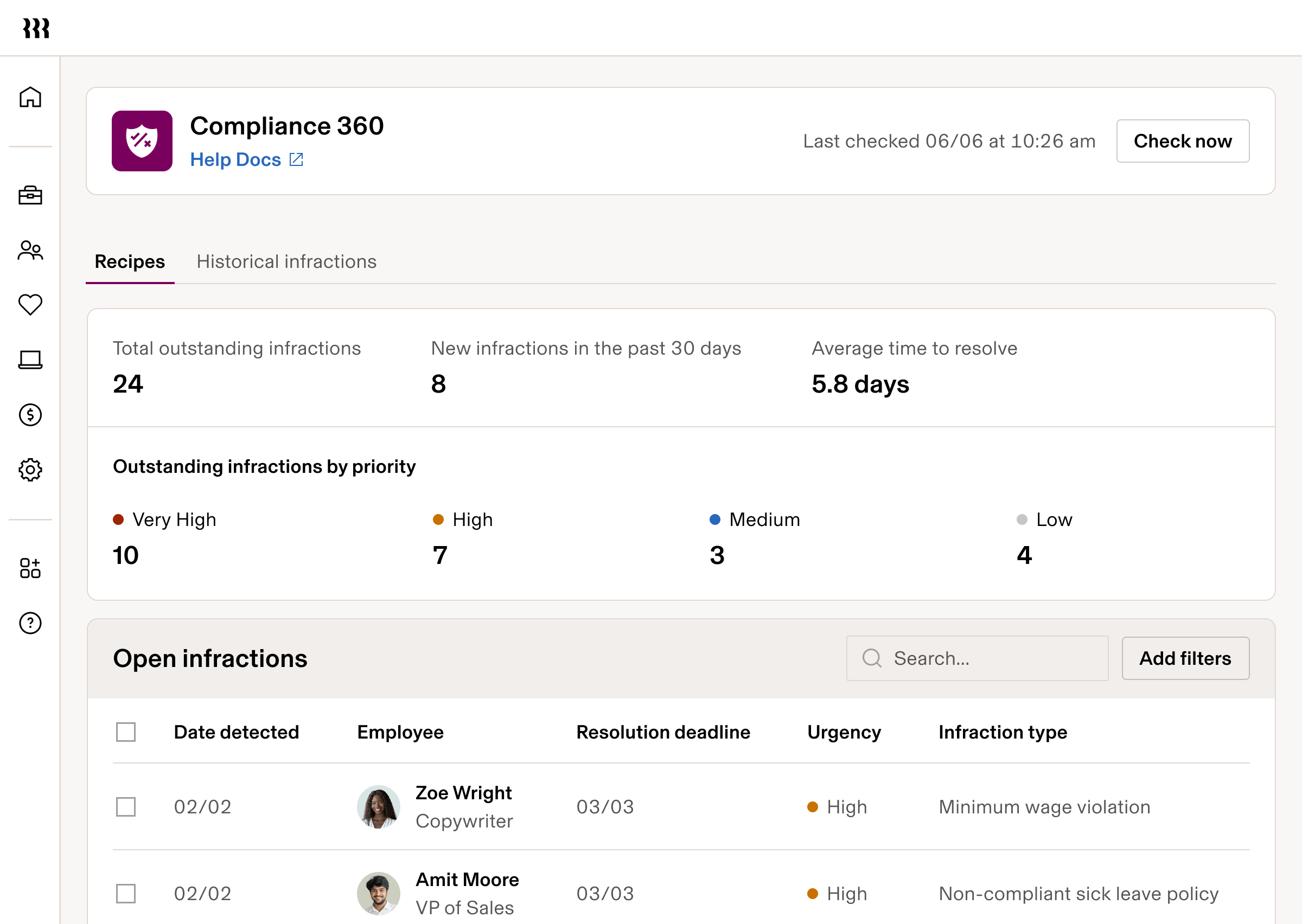 Compliance 360 dashboard showing 24 total infractions, priority breakdown, and open cases with employee details and deadlines.