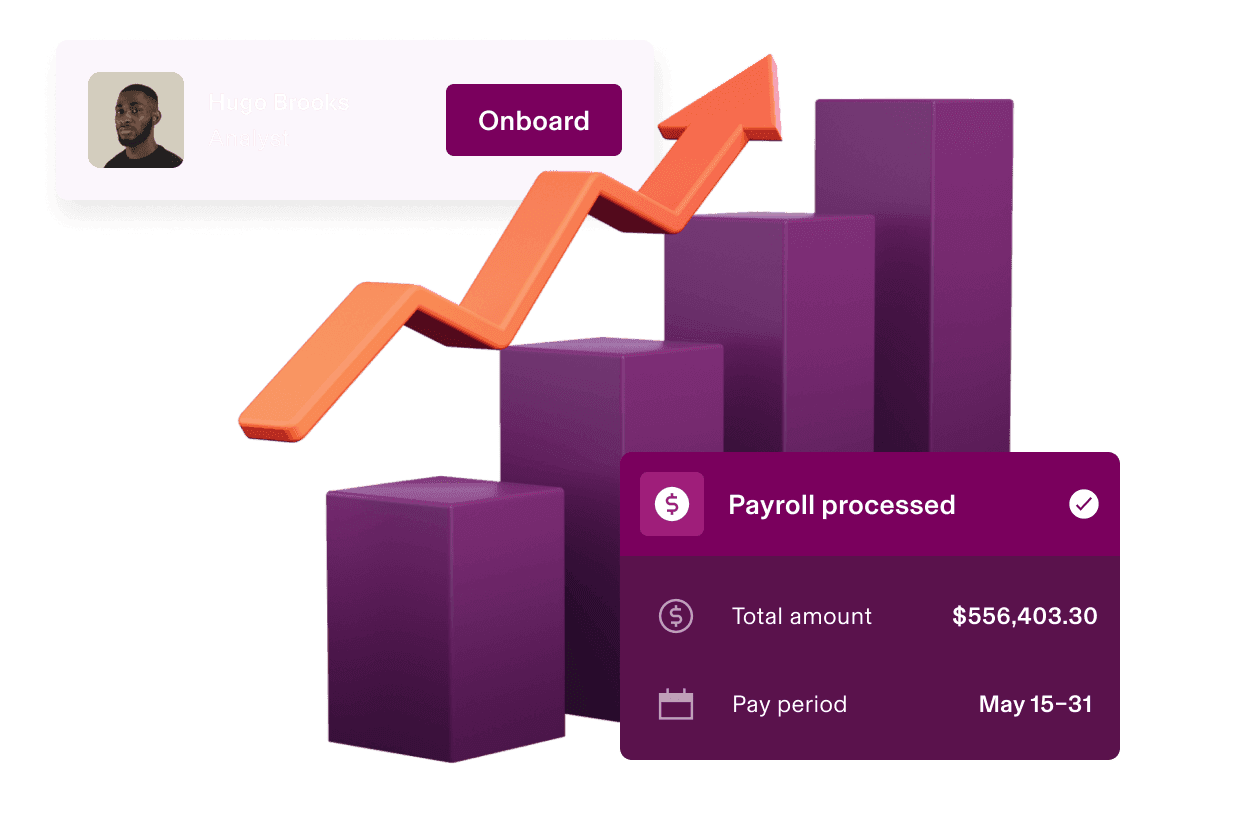 Rising purple bar chart with onboarding and payroll-processed cards.