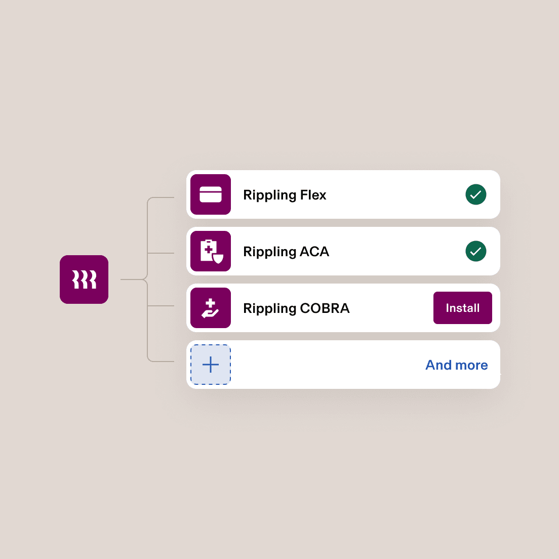 Rippling app interface showing Flex and ACA installed, with COBRA available to install, on a light purple background.