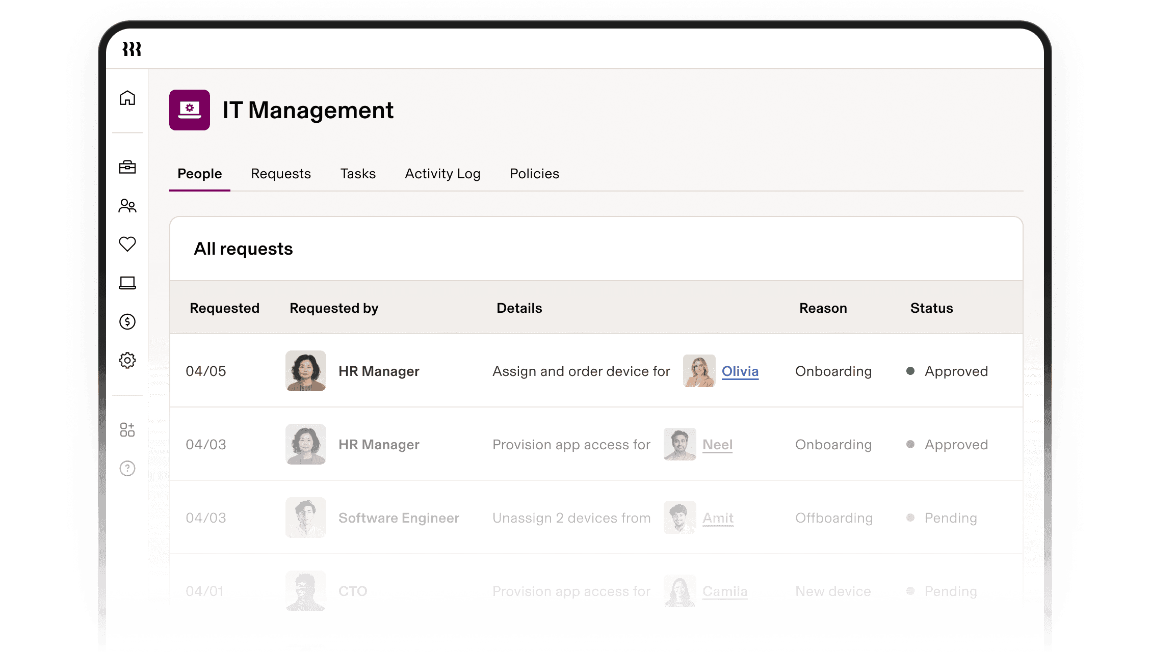 IT Management request table for devices and app access.