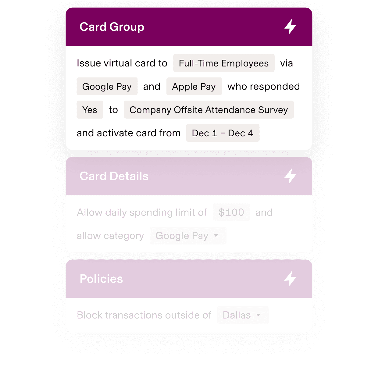 Mobile interface showing virtual card setup for employees with $100 daily limit, Google Pay integration, and Dallas location restriction.
