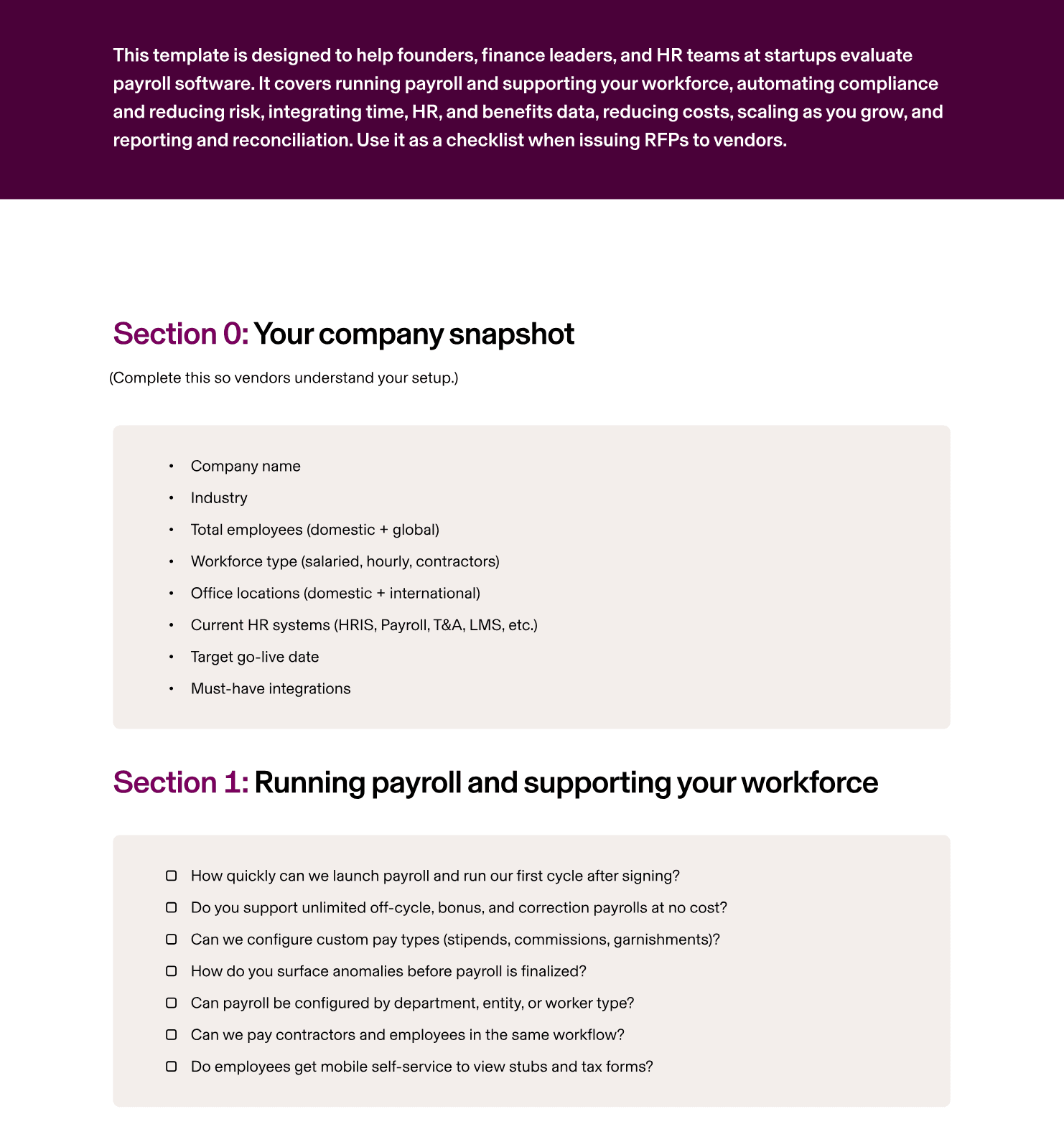 Preview of Rippling's comprehensive Payroll Software RFP Template for Startups.