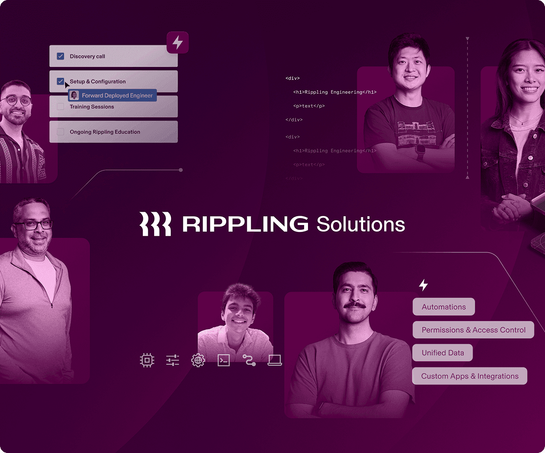 Rippling Solutions interface showing onboarding steps and features with team members against a purple background.