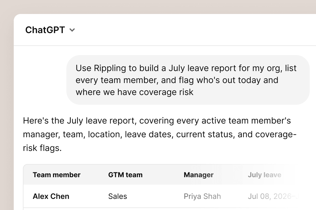 ChatGPT interface showing a July leave report request with a table listing team members, GTM team, manager, and leave dates.