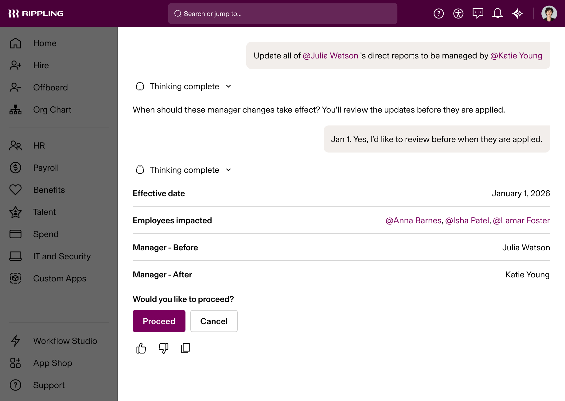 Rippling HR platform showing an AI-assisted manager change workflow, transferring direct reports from Julia Watson to Katie Young effective January 1, 2026.