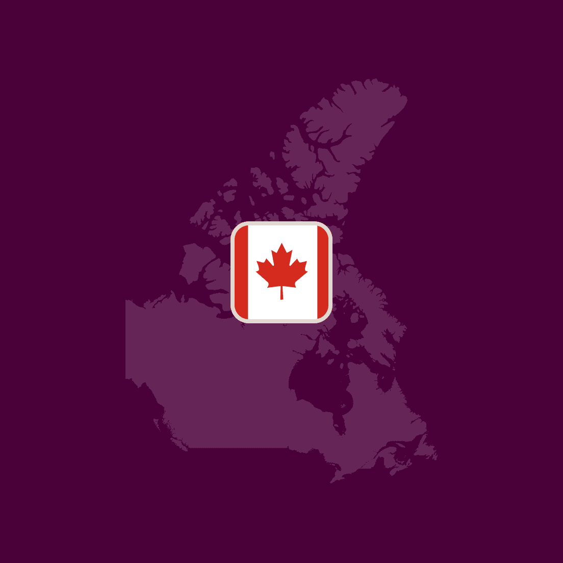 Silhouette map of Canada with its flag centered on a dark purple background.