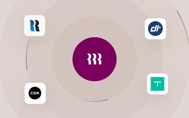 Central purple symbol surrounded by four app icons.