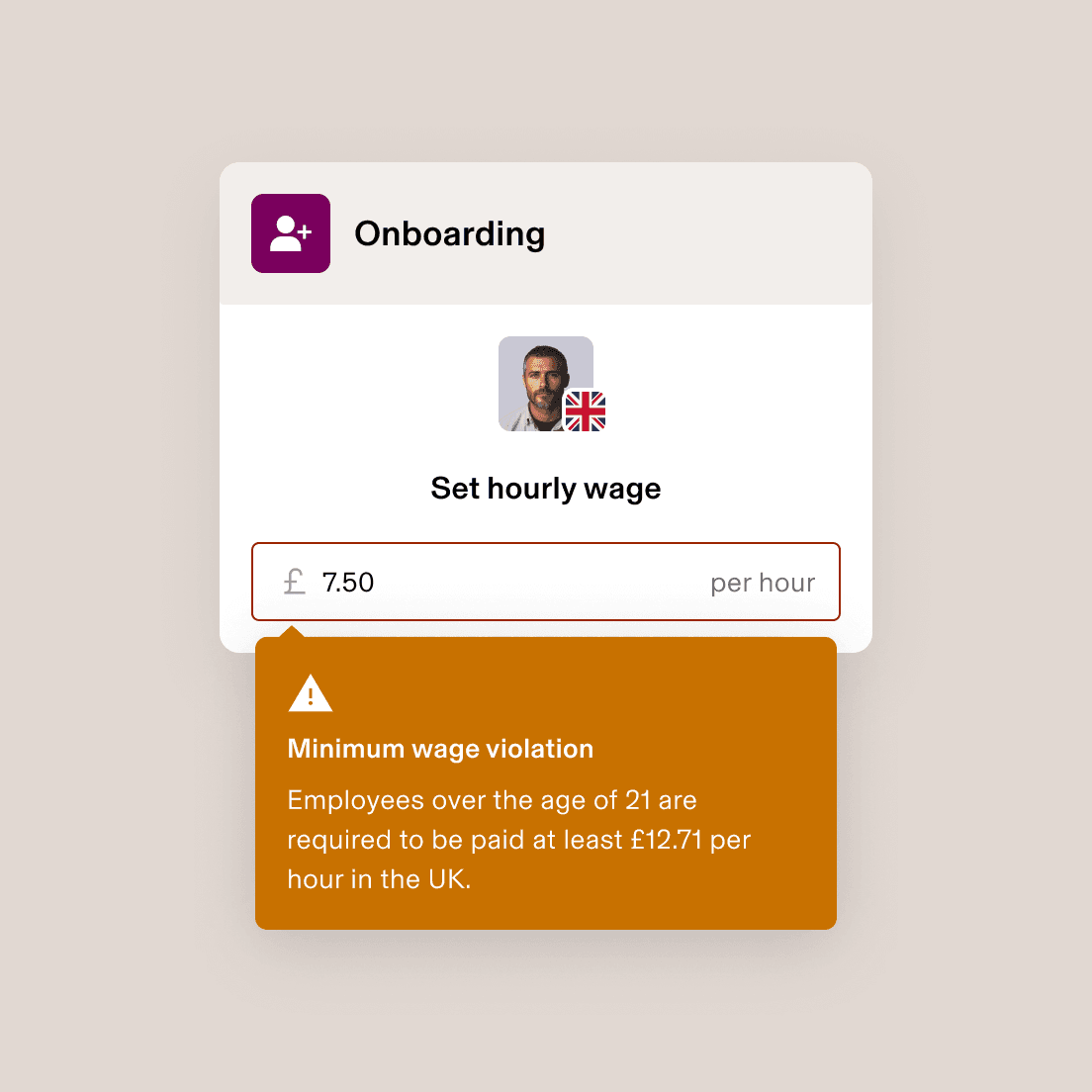 Employee onboarding screen showing minimum wage violation warning for £7.50 hourly rate that's below UK requirement of £9.50.