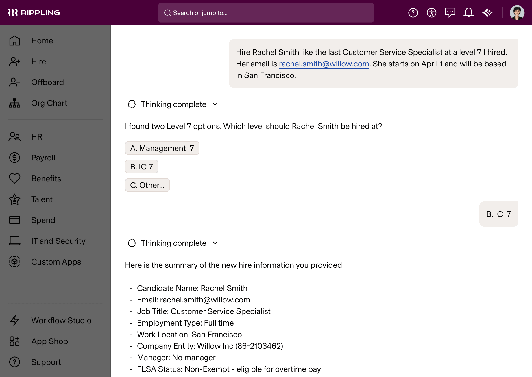 AI new-hire chat for Rachel Smith.