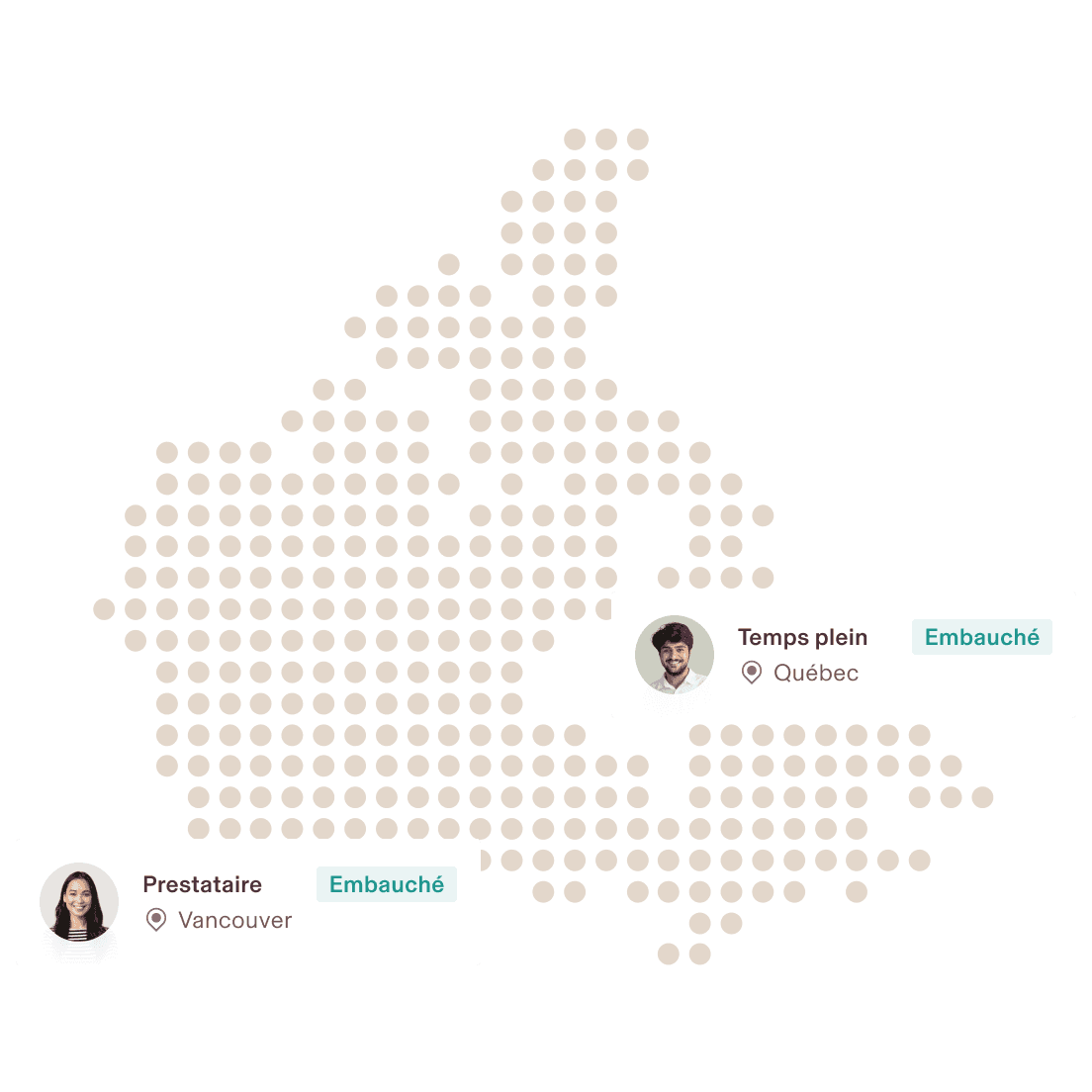 Dotted US map with two hired contractor cards in New York and San Francisco.