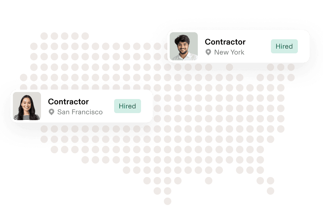 Dotted US map with two hired contractor cards in New York and San Francisco.