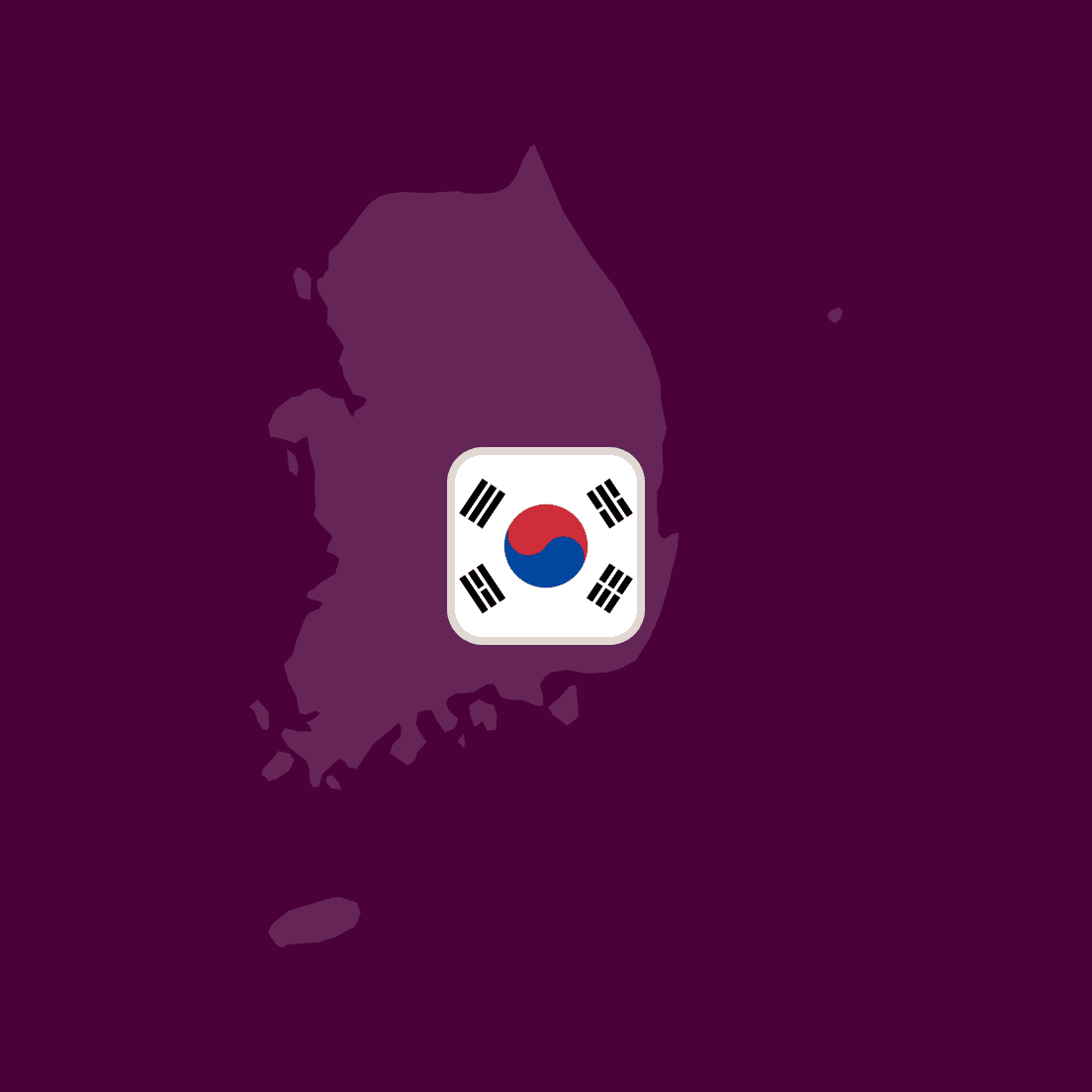 Silhouette map of South Korea with its flag centered on a dark purple background.
