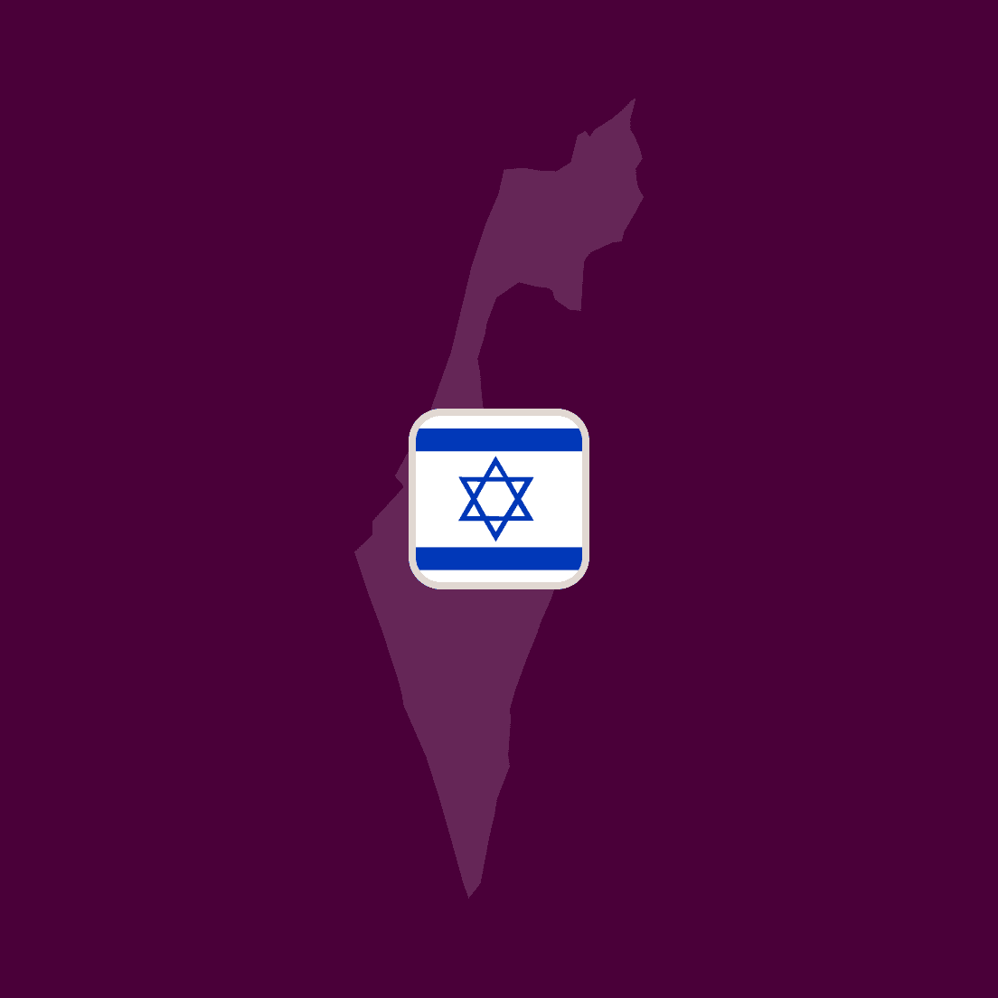 Silhouette map of Israel with its flag centered on a dark purple background.