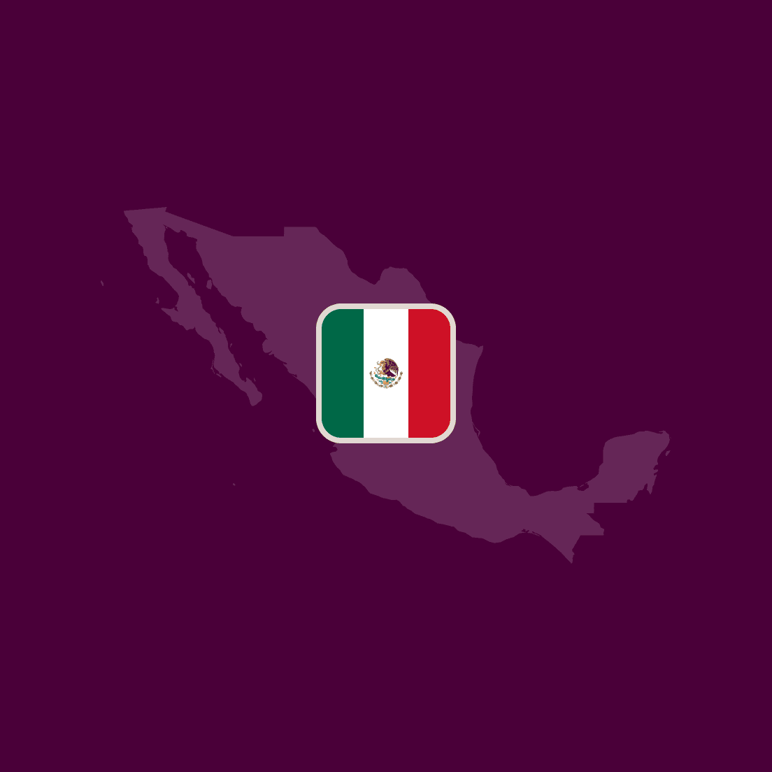 Silhouette map of Mexico with its flag centered on a dark purple background.