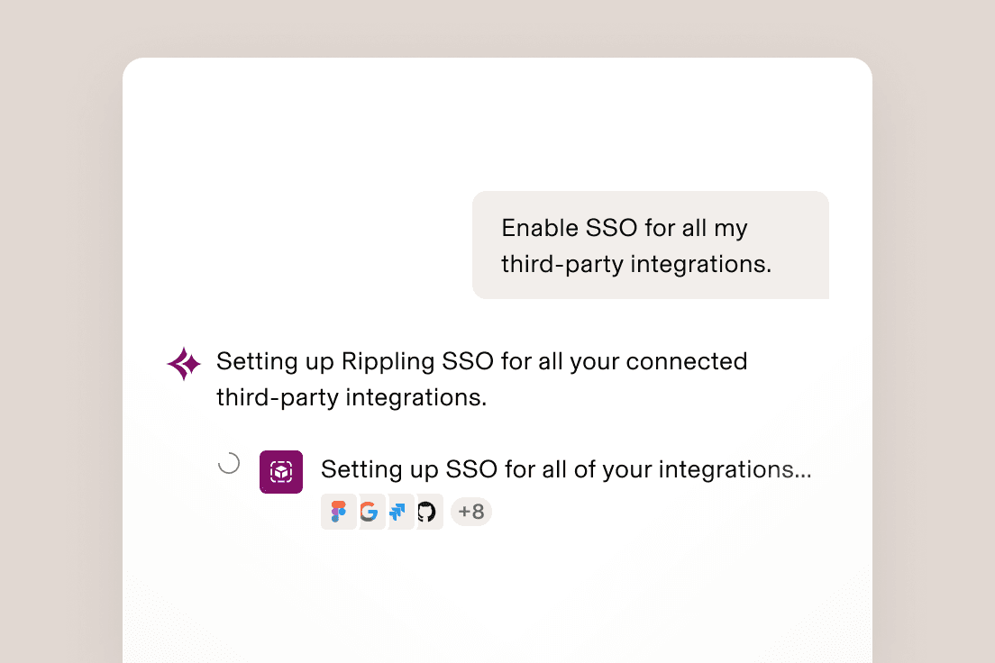 A chat interface showing Rippling AI setting up SSO for third-party integrations like Figma, Google, and GitHub.