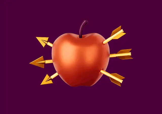 Red apple pierced by several yellow arrows against purple