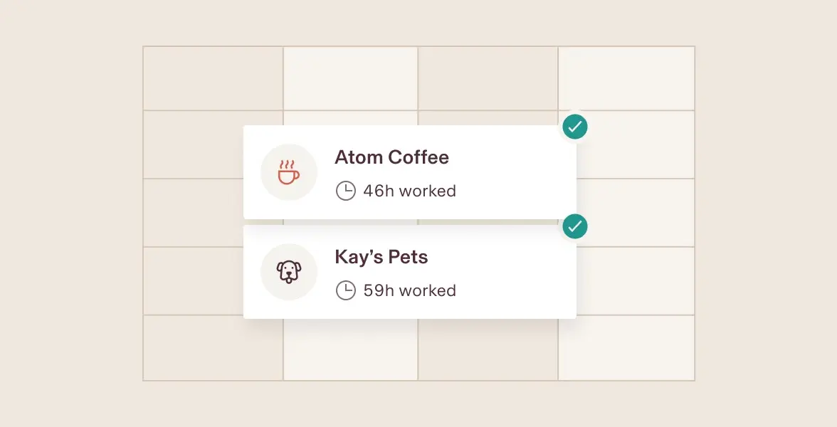 Two client cards showing 46 and 59 hours worked with green check marks.