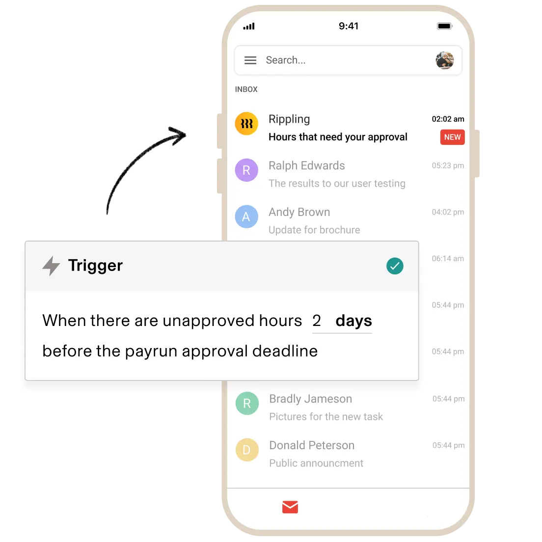 Phone inbox with an alert about unapproved hours before payroll deadline