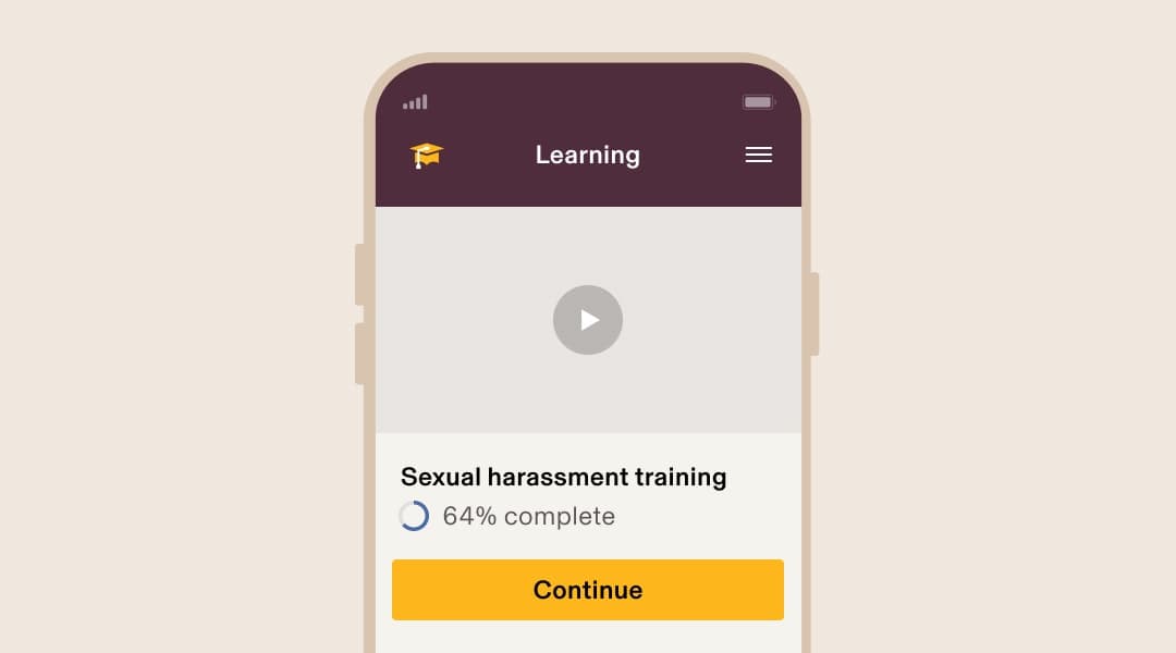 Phone learning screen showing sexual harassment training 64% complete.