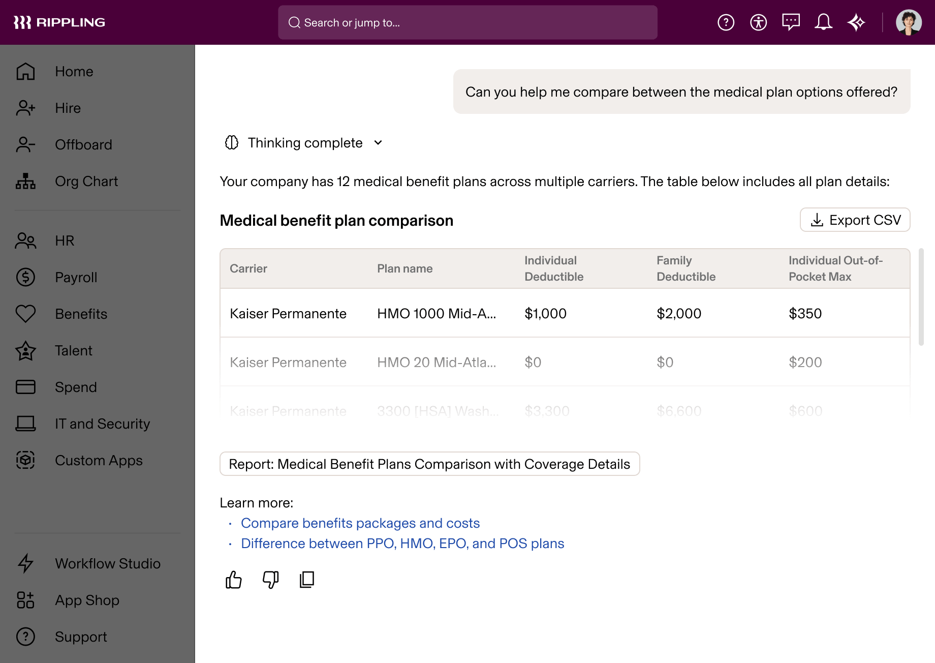 AI medical benefit plan comparison table.
